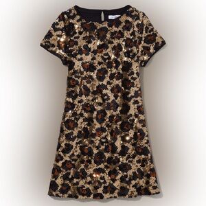 Girls Leopard Sequin Shift Dress